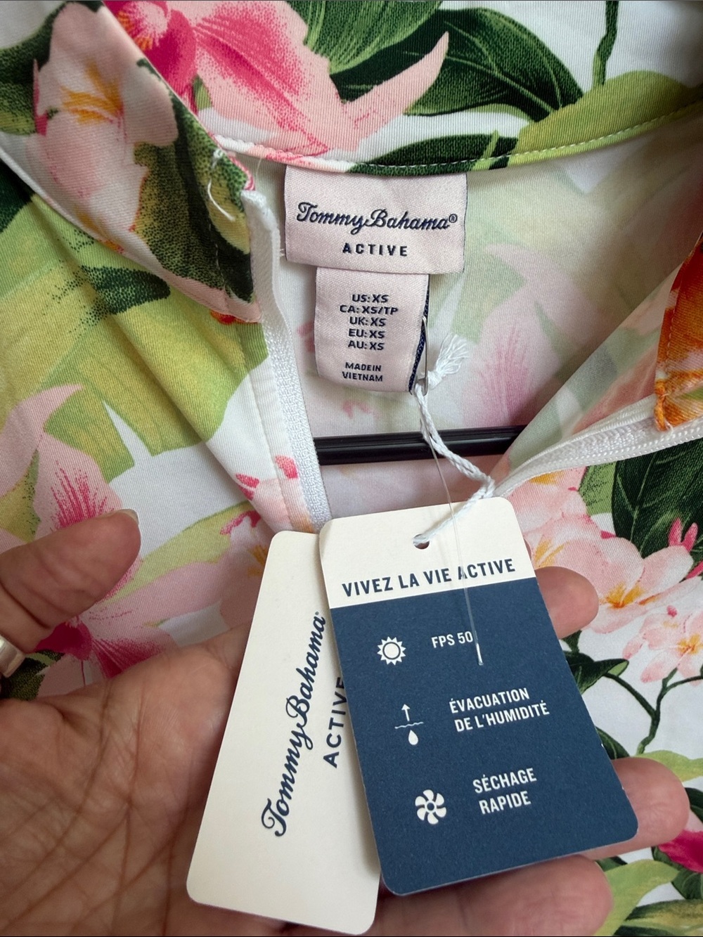 (356)Tommy Bahama Floral Sleeveless zip front Top in White, Green, Pink, Orange - Picture 2 of 4